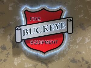 Fire Buckeye Equipment backlit lobby signage